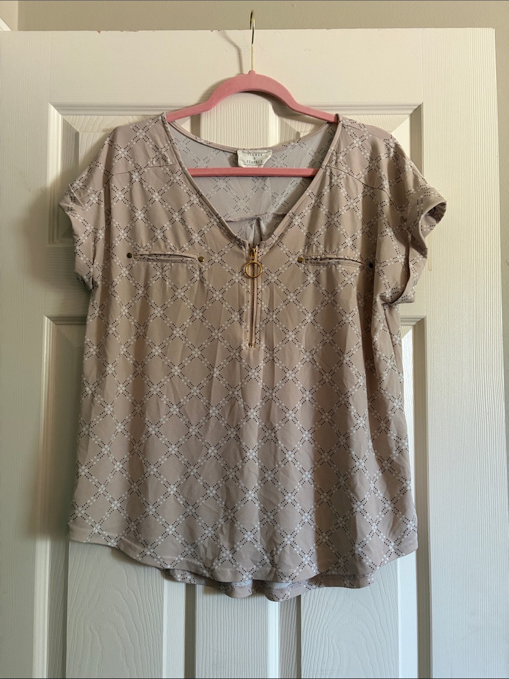 Short-Sleeve Taupe V-Neck Blouse with Zip Ring Detail